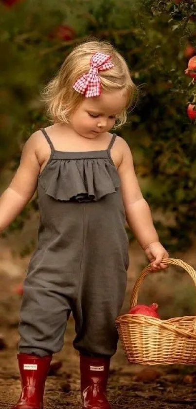 Child in an apple orchard with basket, vibrant autumn colors.