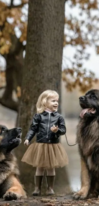 Little girl with two large dogs under autumn trees.