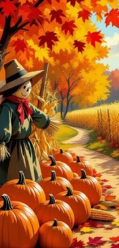 Autumn scene with scarecrow and pumpkins on a vibrant path.