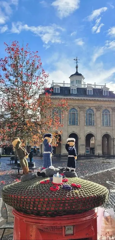 Picturesque autumn town square with historic architecture and vibrant foliage.