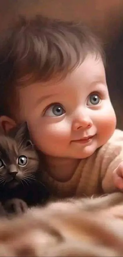 Cute baby with a kitten in a warm, cozy setting.