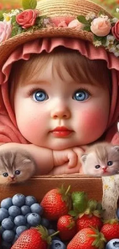 Cute baby and kittens with floral hat.