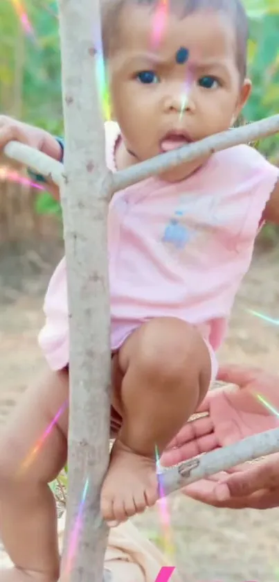 Adorable baby climbing a tree with colorful light effects.