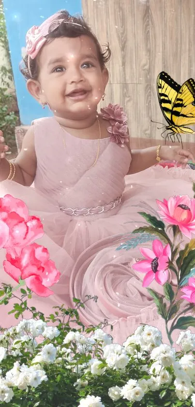 Smiling baby in pink dress with flowers and butterfly.