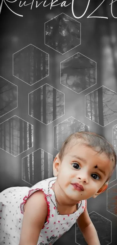 Charming baby on artistic forest wallpaper with hexagon design.