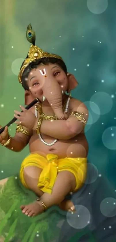 Enchanting Baby Ganesha playing flute with vibrant background.