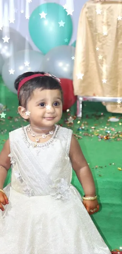 Smiling baby girl in white dress amid festive decorations.