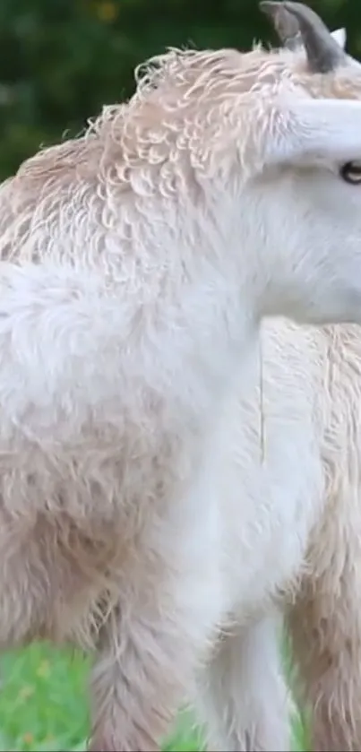 Fluffy baby goat standing in a green meadow.