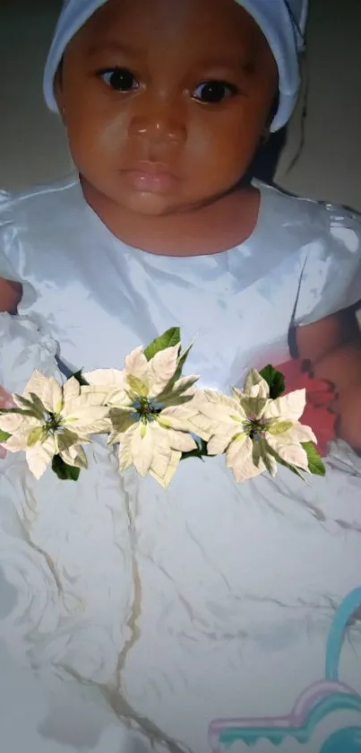 Charming baby in a white floral dress, looking serene and adorable.