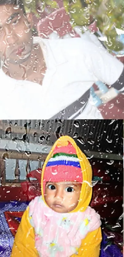 Adorable baby in yellow and pink with rain backdrop.