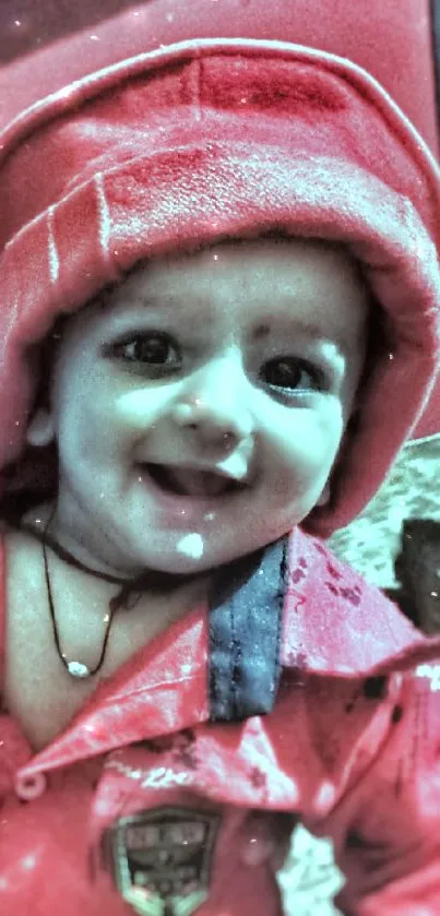 Smiling baby in a bright red outfit with hat, emanating joy.