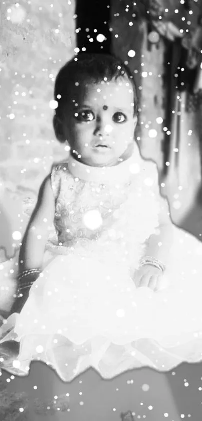 Charming baby portrait with snowflake effect in black and white style.