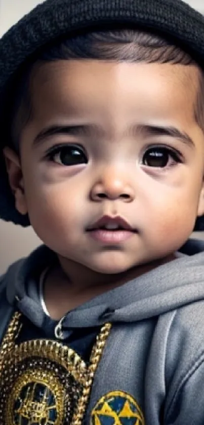 Cute baby in a trendy hoodie and hat poses in an urban setting.