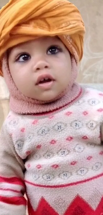 Adorable baby in a cute, warm outfit with an orange turban.