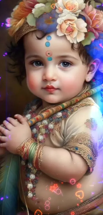 Beautiful artwork of Baby Krishna with floral headdress and vibrant colors.