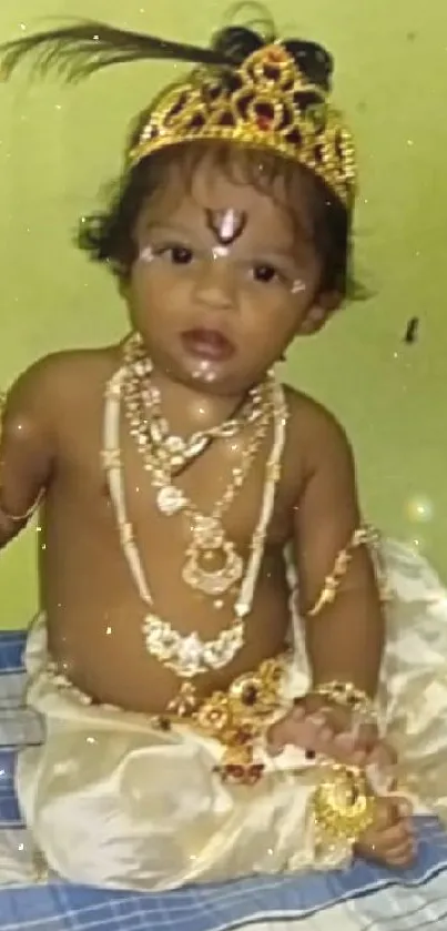 Baby dressed as Krishna with flute on plaid bedspread.