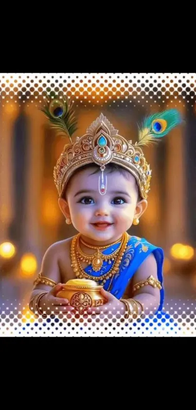 Adorable baby Krishna in traditional attire with vibrant colors.