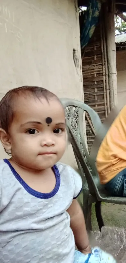 Baby sitting outdoors on a plastic chair.