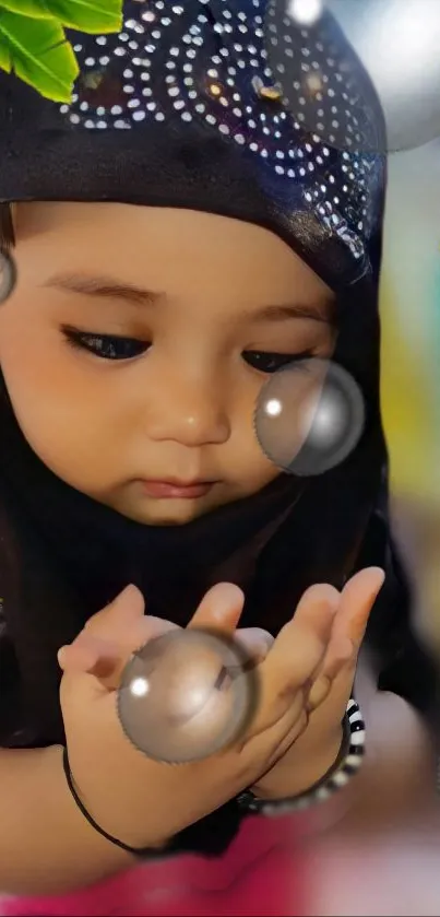 Adorable baby wearing black headscarf amidst bubbles and greenery.