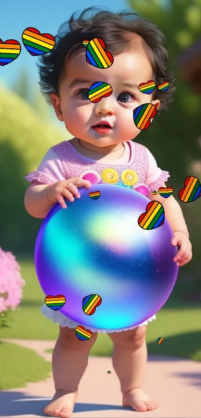 Adorable baby holds colorful ball in vibrant garden setting.