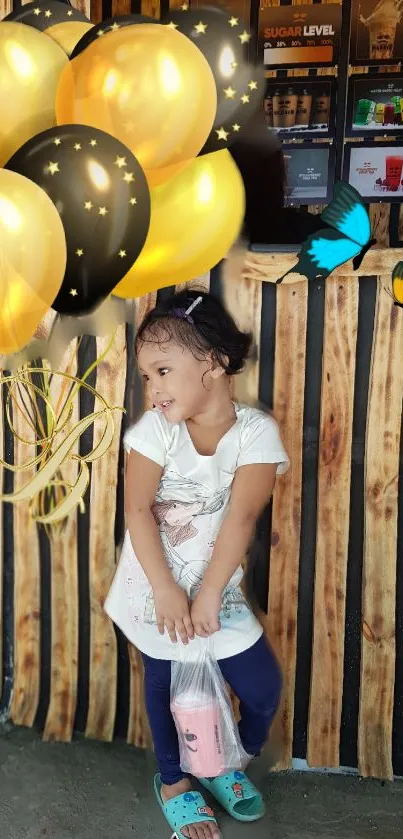 Child with golden balloons and butterflies against rustic wood.