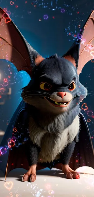 Charming animated bat in a whimsical fantasy setting.