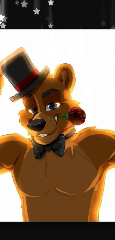 Cartoon bear wearing top hat and rose, elegant phone wallpaper.