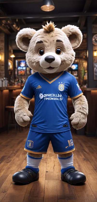 Cute bear in blue soccer jersey in a bar setting.