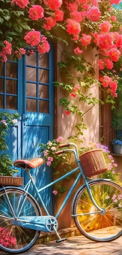 Colorful bicycle with flowers by a blue door.