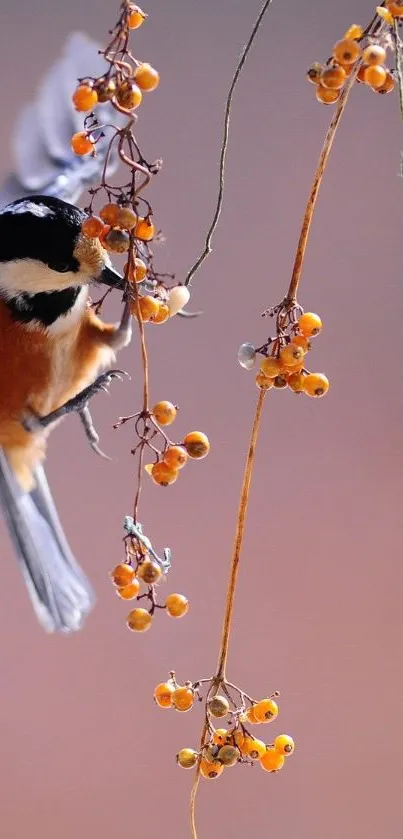 Charming bird perched with orange berries.