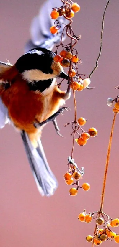 Bird on branch with orange berries on mobile wallpaper.