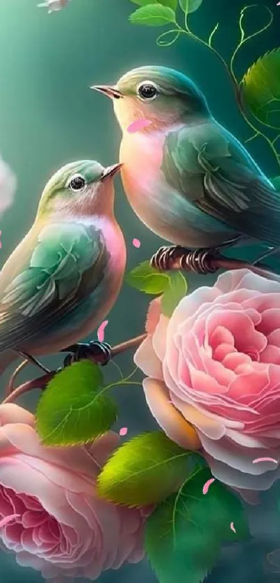 Beautiful birds perched among lush, blooming pink roses.