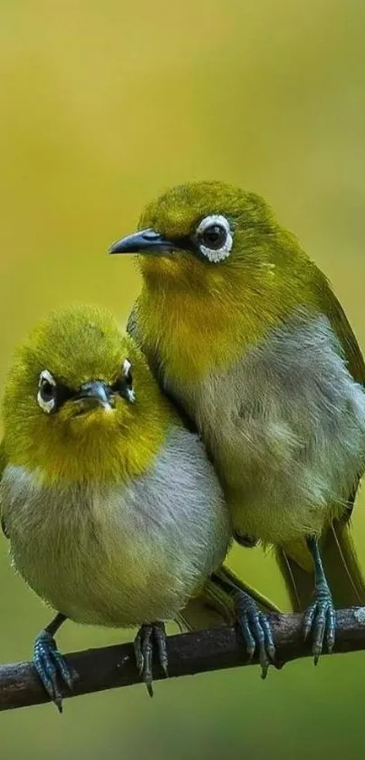 Two charming birds perched on a branch with green background.