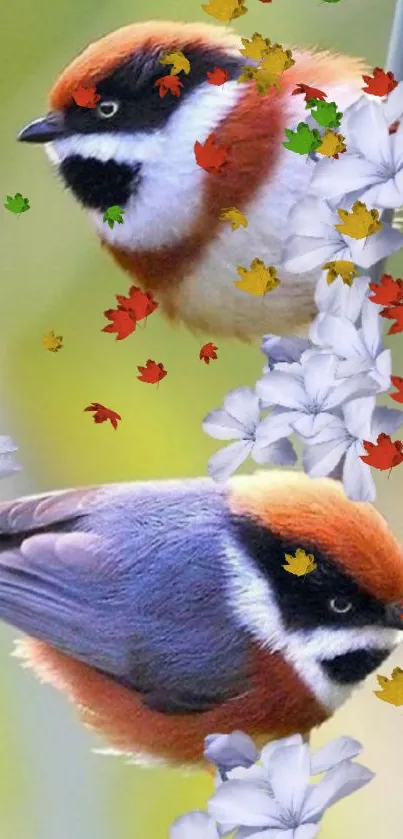 Charming birds and floral artwork with colorful flowers on a vibrant background.