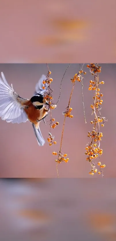 A vibrant bird in flight near hanging berries.