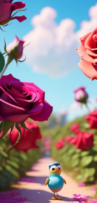 Blue bird amidst vibrant pink roses in a garden path under a clear sky.