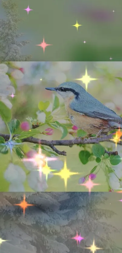 Bird perched among spring blossoms with twinkling stars on a mobile wallpaper.