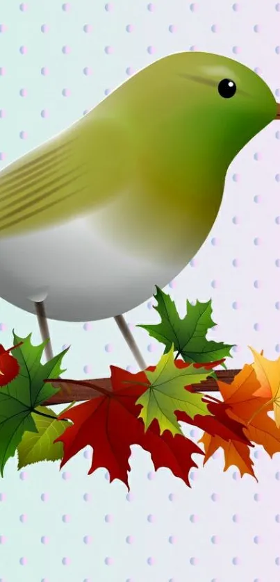 Illustrated green bird perched on autumn leaves with a dotted background.