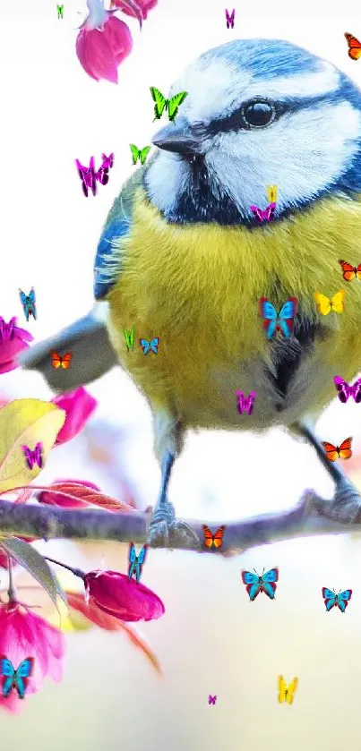 A vibrant bird perched on a blossoming branch, surrounded by bright spring flowers.