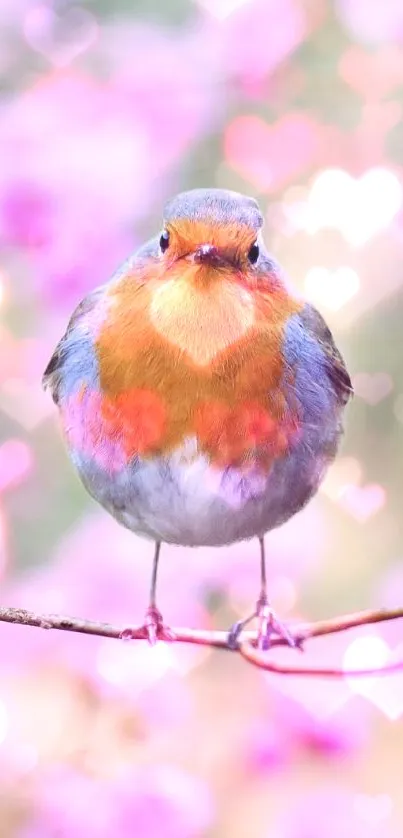 A colorful bird on a branch with pink blossoms in the background.