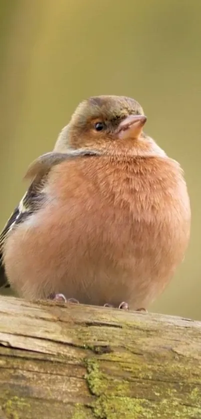 Fluffy bird perched on a wooden branch with blurred background.