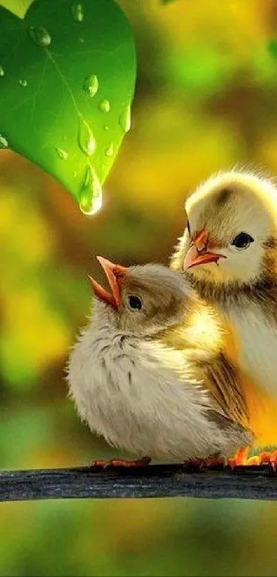 Two cute fluffy birds under a green leaf with dewdrops.