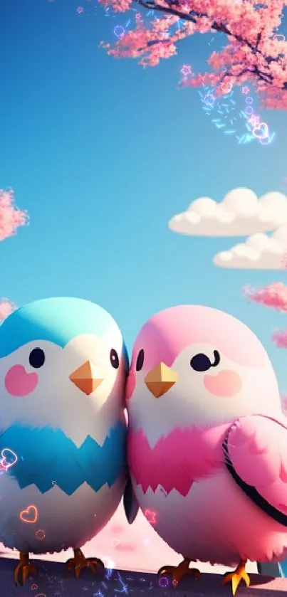 Cartoon birds with pink blossoms create a charming wallpaper.