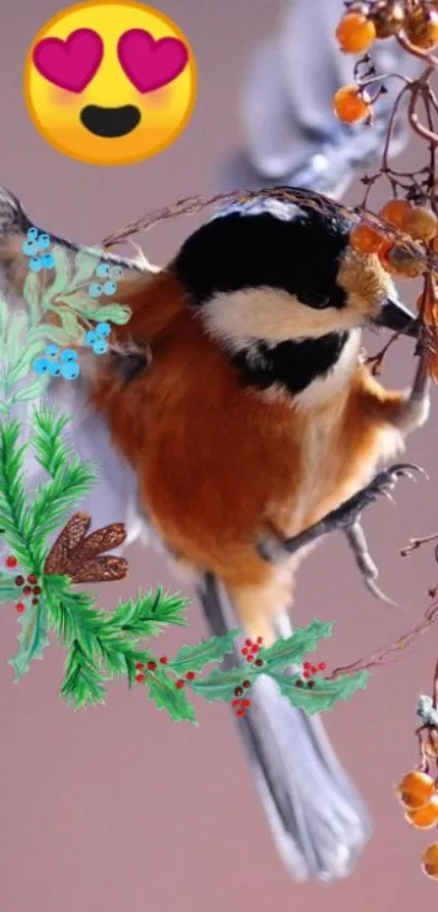 Vibrant bird with autumn branches and emoji in background.