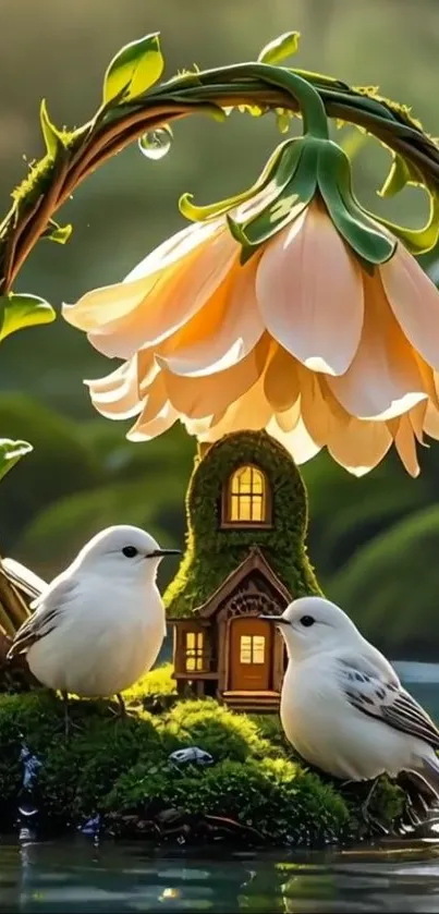 Enchanting scene with birds, flower, and fantasy house.