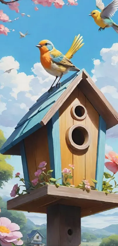 Birdhouse with birds and flowers under a blue sky.