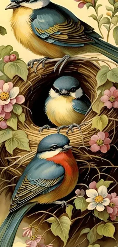 Colorful birds resting in floral nest illustration