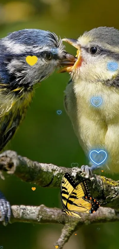 Two birds perched on a branch in a green nature setting.