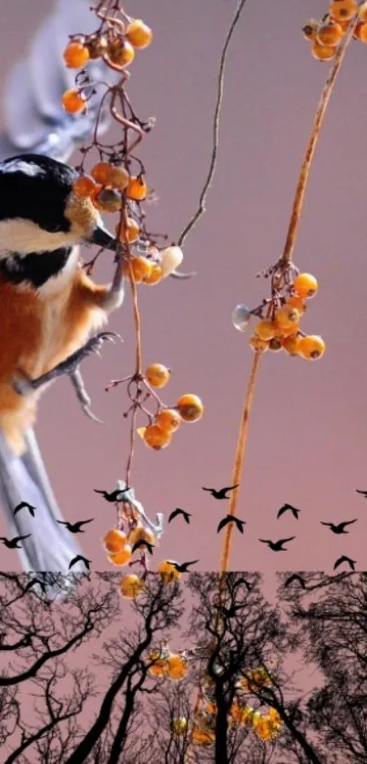 Bird perched on branches with berries, soft pink background and trees silhouette.