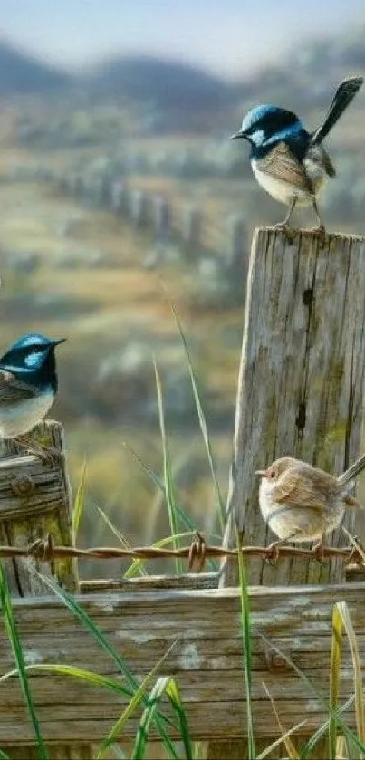 Birds perched on a rustic wooden fence in serene natural setting.